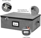 Mug Storage Box with 12 Compartments, Gray Hard Shell Container, Padded Dividers, Dual Handles, Zipper Lid for Coffee