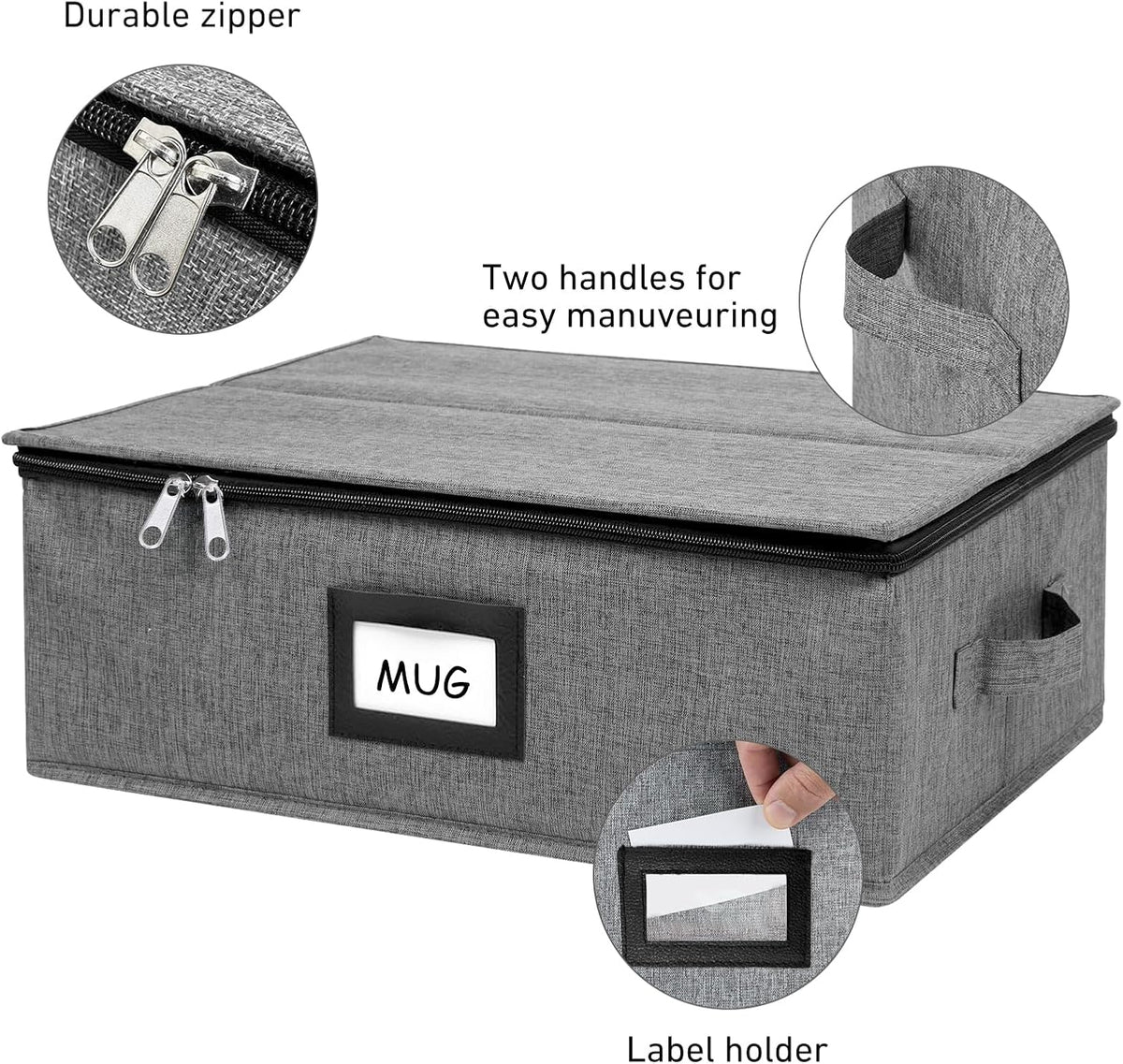 Mug Storage Box with 12 Compartments, Gray Hard Shell Container, Padded Dividers, Dual Handles, Zipper Lid for Coffee