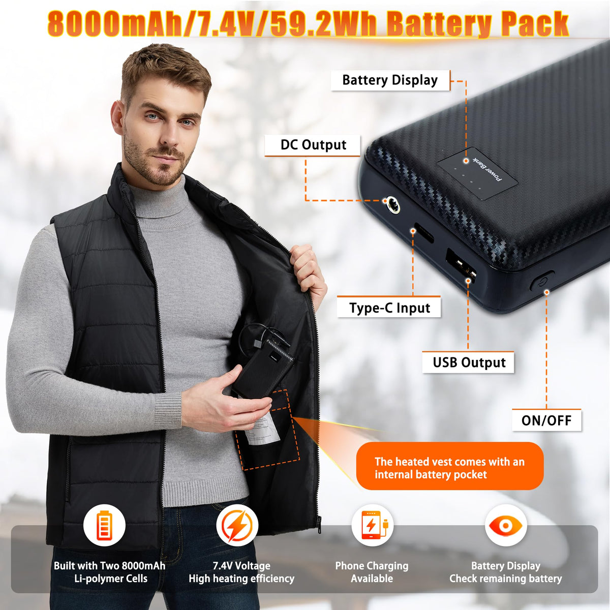 Outdoor Heated Vest for Men: Winter Heated Jacket with Battery Pack
