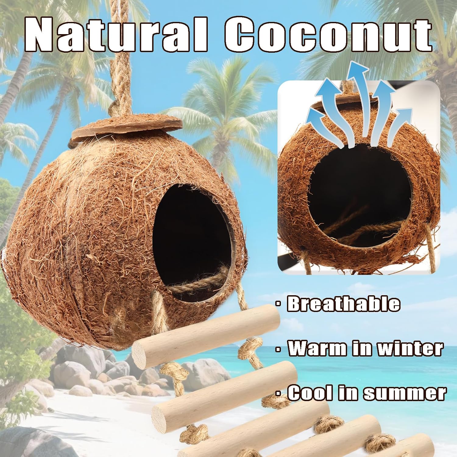 Gecko Tank Accessories Natural Coconut Shell Hut with Climbing Ladder & Suction Cup Hermit Crab Toys Reptile Hideout