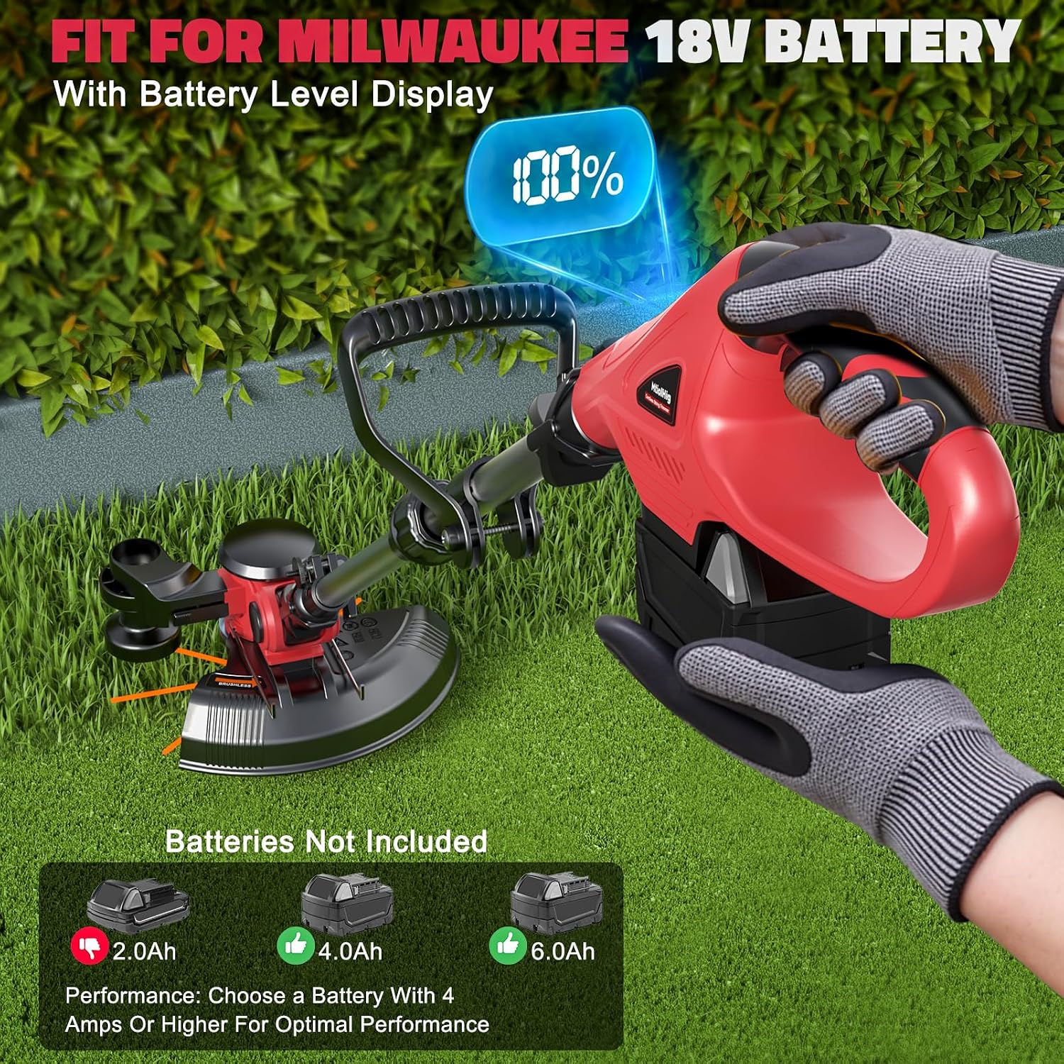 Cordless String Trimmer Compatible with Milwaukee 18V (Tool Only), MtiolHig 3 in 1 Weed Eater with Brushless Motor &