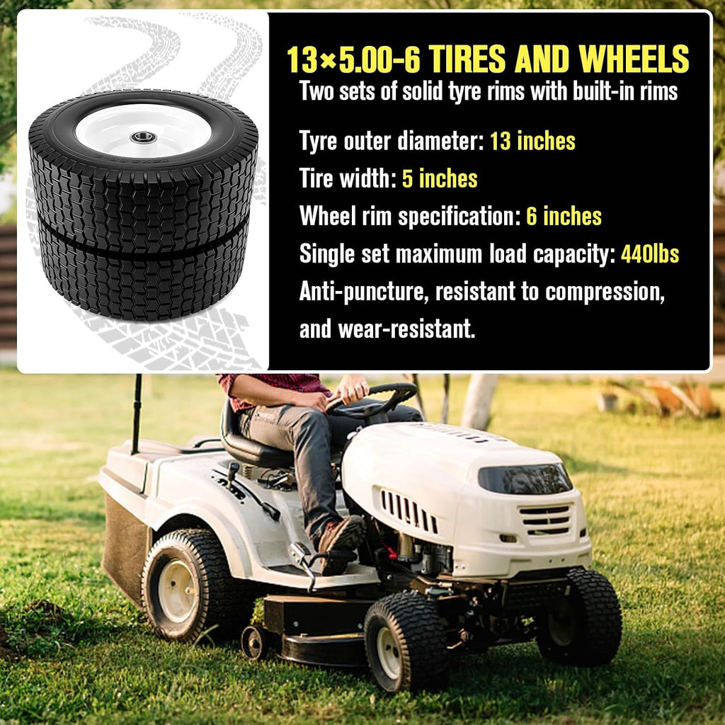 13x5.00-6 Flat Free Tire and Wheel with 3/4" & 5/8" Bearings，13x5.00-6 Lawn Mower Tires and Wheels Assembly, Fit for