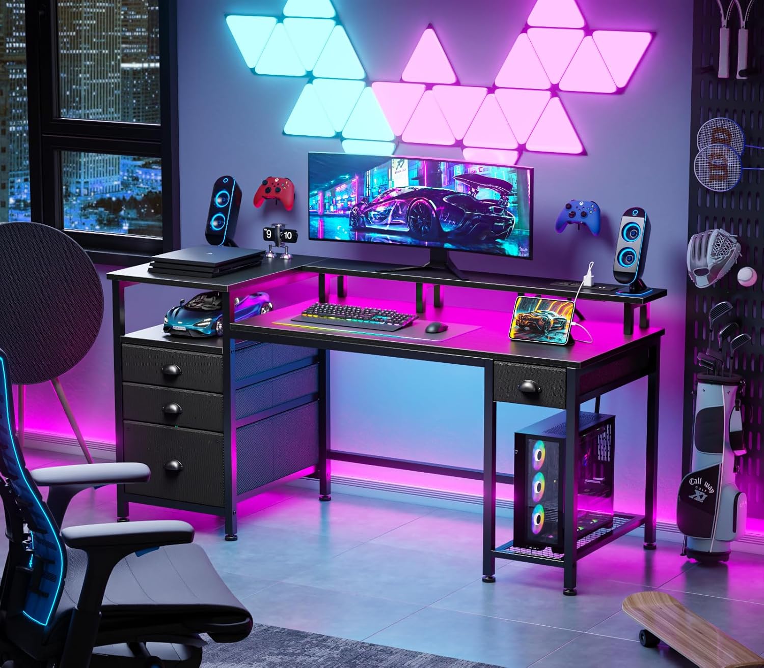 60" Black Computer Desk with 4 Drawers and Printer Space, Gaming Desk with LED Lights and USB Power Outlets, Home