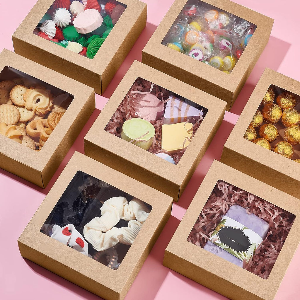 16Packs 5.5x5.5x2inch Clear PVC Square Window Gift Boxes, Brown Kraft Paper Present Boxes for Wedding Gift
