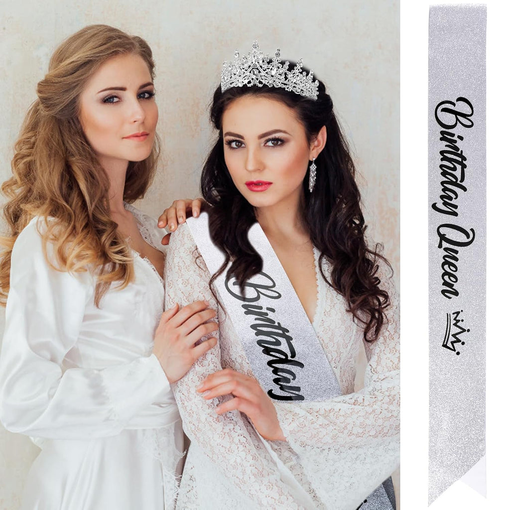 Birthday Queen Tiara Crowns for Women Girls Silver Crystal Birthday Queen Headband Sash Elegant Princess Crown Happy