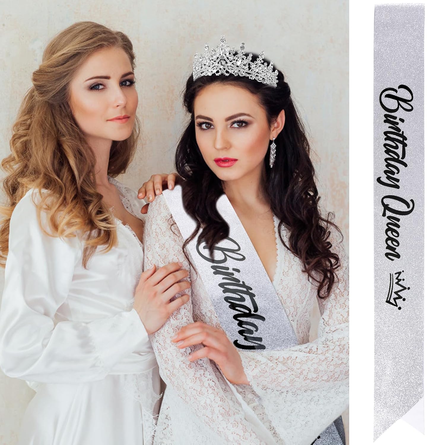 Birthday Queen Tiara Crowns for Women Girls Silver Crystal Birthday Queen Headband Sash Elegant Princess Crown Happy