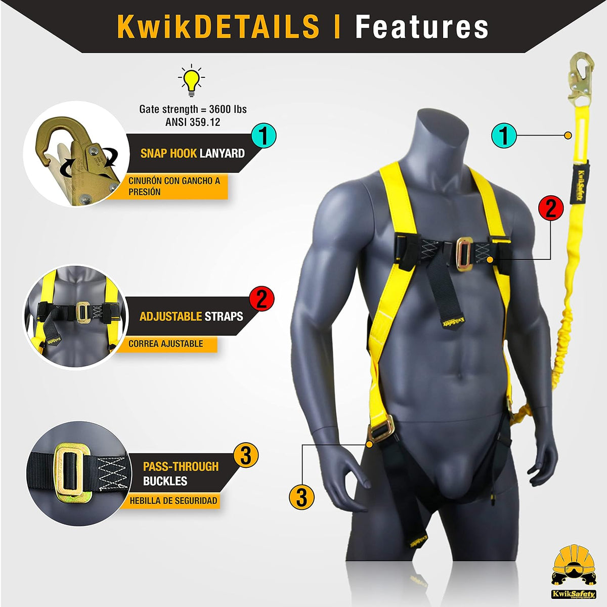 SCORPION Safety Harness [w/Attached 6ft Lanyard] Safety Harness Fall Protection Kit ANSI OSHA