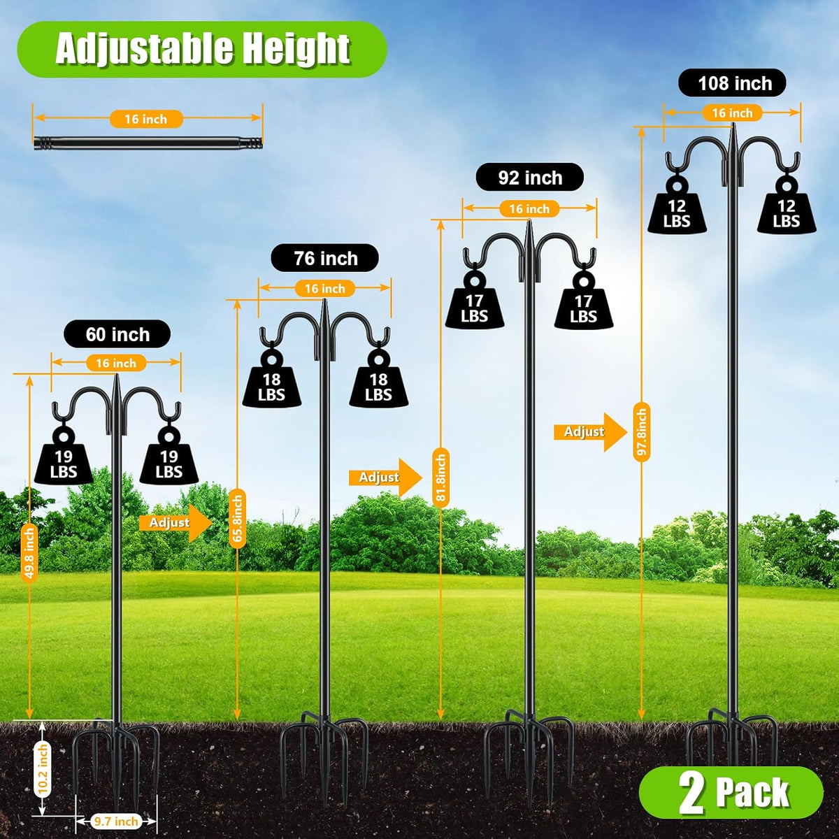 Bird Feeder Pole for Outdoors Heavy Duty, 2 Pack 92 Inch Double Shepherds Hook with 5-Prong Stable Base, 3/4 Inch