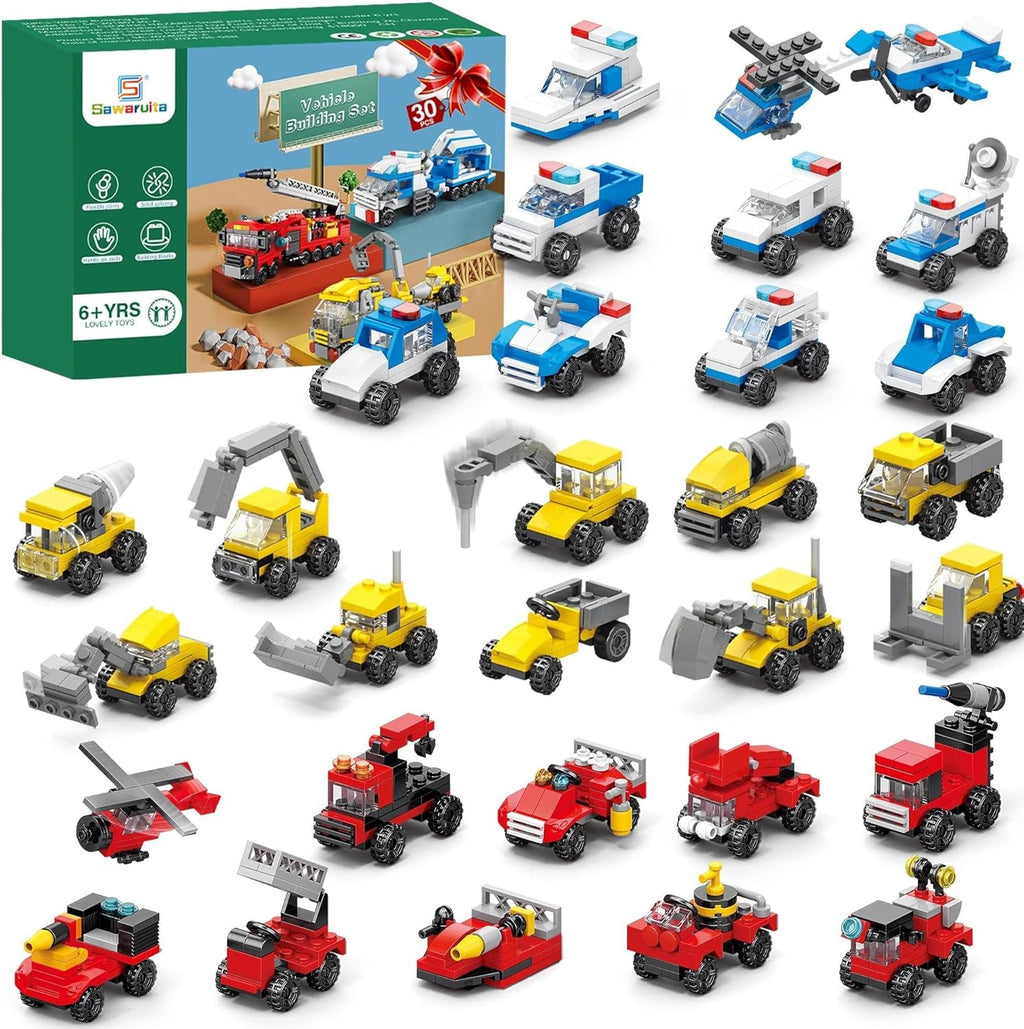 30Pack Mini Cars Building Blocks Party Favors for Kids-Bulk Fire Truck,City Police Car,Construction Vehicle for