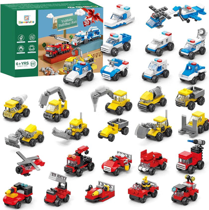 30Pack Mini Cars Building Blocks Party Favors for Kids-Bulk Fire Truck,City Police Car,Construction Vehicle for