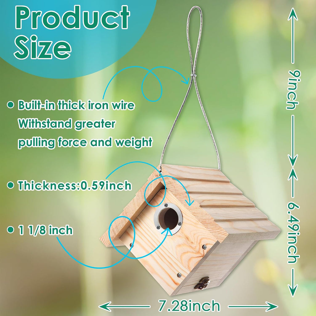 2 Pack Wren House, 1-1/8'' Entrance Hole Hanging Wooden Wren Bird Houses for Outside with Metal Guard, Air Vents