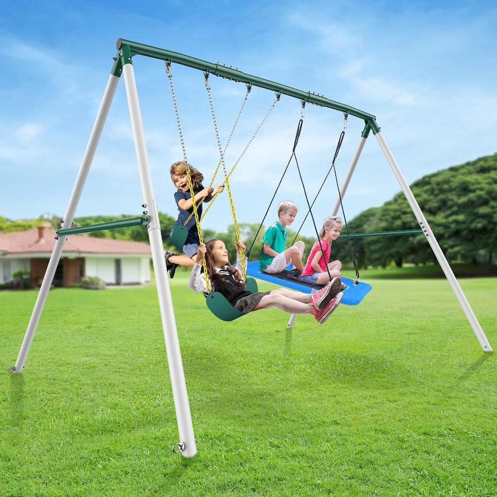7.3ft Tall Heavy Duty Swing Set, 3 Swings Metal Swing Sets for Backyard, Big Kids Playset for Playground Outdoor