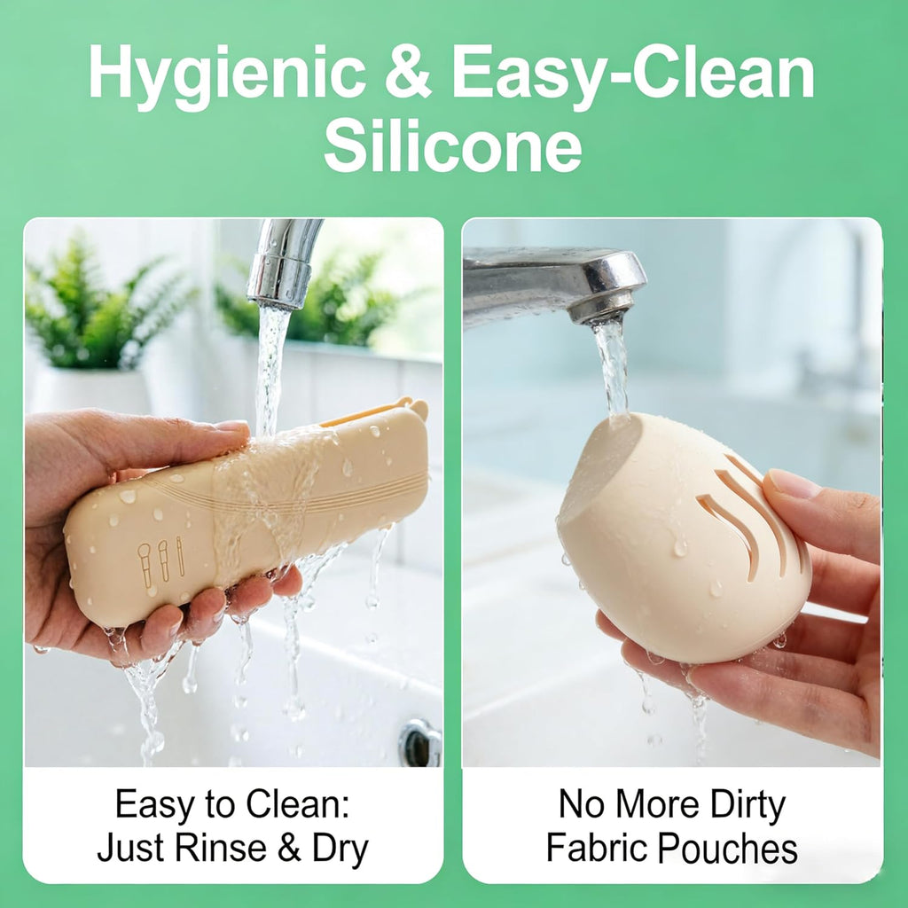 Large Silicone Makeup Brush Bag and Sponge Holder Set, Portable Snap Closure Cosmetic Bag, Soft Reusable Cosmetic