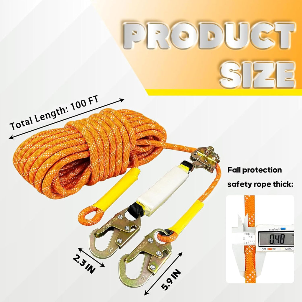 100FT Fall Protection Safety Rope Heavy‑Duty Vertical Lifeline