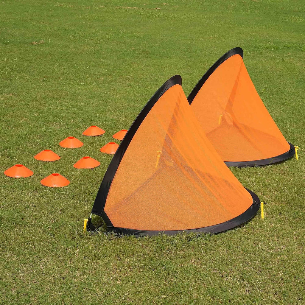 Poray Soccer Goal for Kid Easy-up Set of Two Portable Soccer Net 210D Oxford with 8 Field Marker Cones Extra Stakes