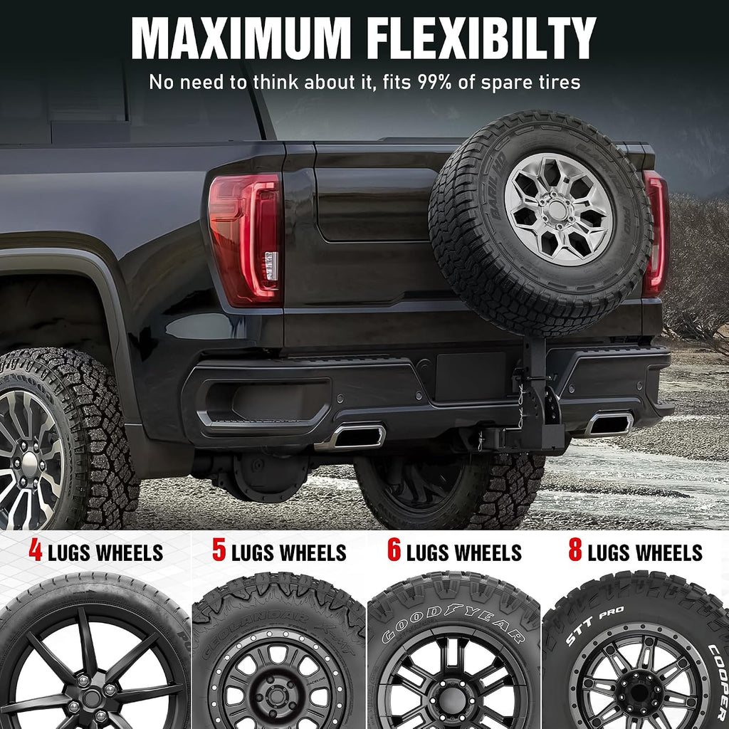 EYOHZ Hitch Mounted Spare Tire Carrier, Universal Adjustable Spare Tire Mount for 2 Inch Receiver, Fits 4/5/6/8 Lug