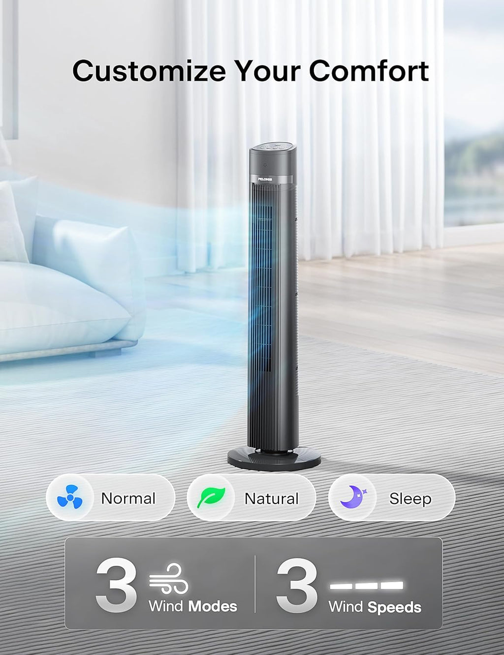 40 inch Bladeless Tower Fan for Bedroom, Standing Fan with Remote Control, 26ft/s, 90° Oscillation, 3 Speed Settings