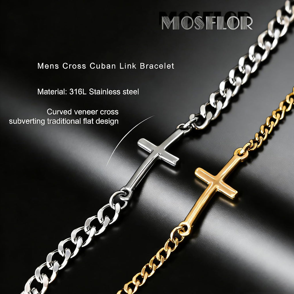 Cross Bracelet for Men, Silver/Gold/Black Mens Cross Bracelets Stack Stainless Steel Cuban Link Chain Bracelet Set