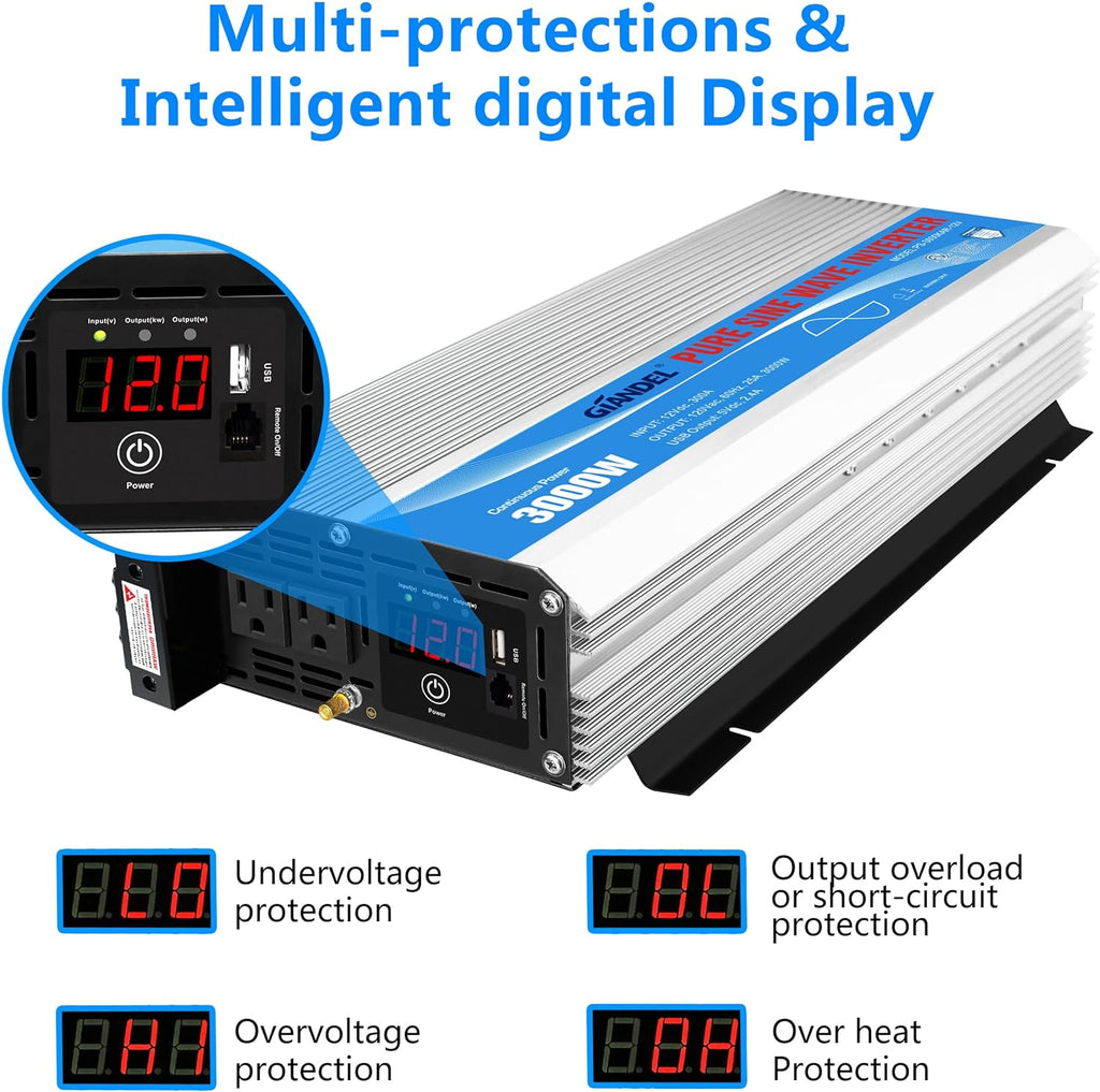 3000Watt Pure Sine Wave Inverter 3000W 12V DC to 110V 120V AC ETL Listed UL458 STD Lithium Battery Compatible with