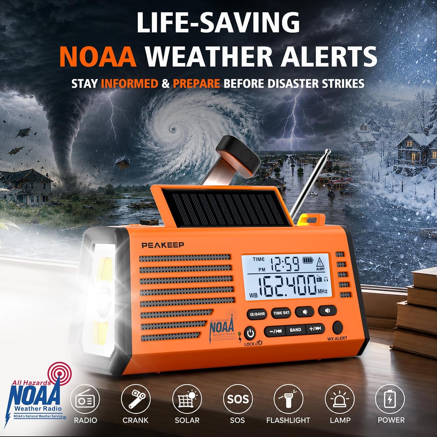 Emergency Radio NOAA Weather Alert Battery Solar Crank Powered | AM FM SW Portable Radio, Rechargeable Battery