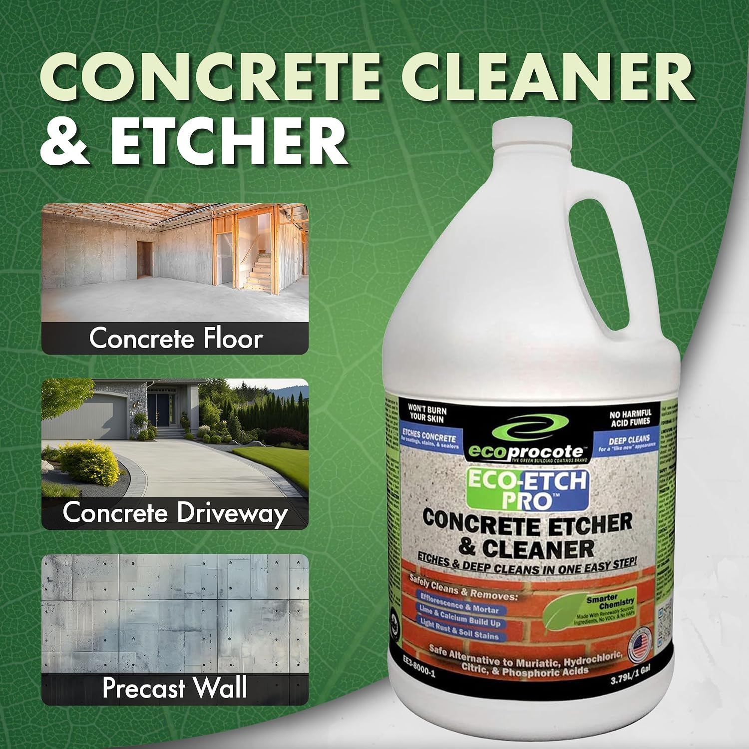 Eco Etch Pro Concrete Cleaner & Etcher Dissolver, Non-Toxic & Safe,1 Gallon | Efflorescence, Rust & Dirt Remover from
