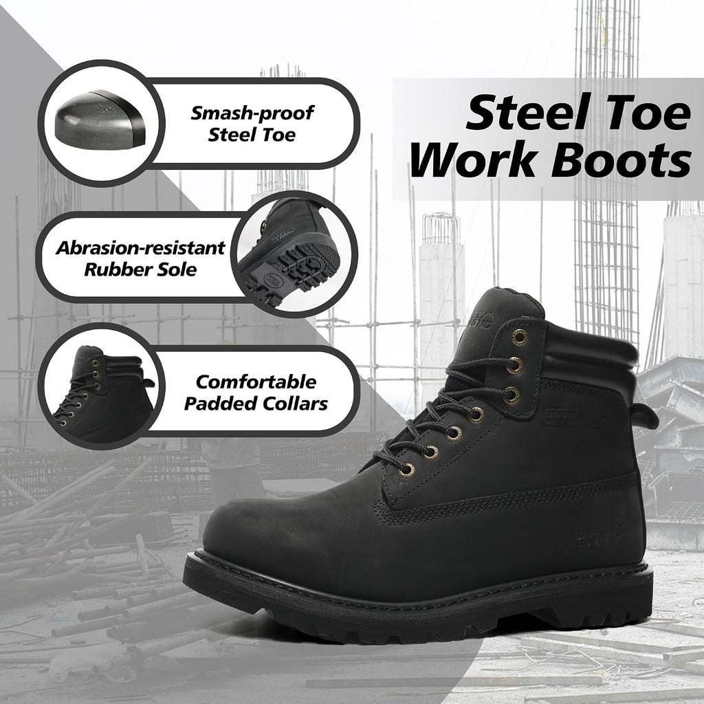 Steel Toe Work Boots for Men, 6-Inch Non Slip Comfortable Leather Waterproof Industrial Construction Safety Workboots