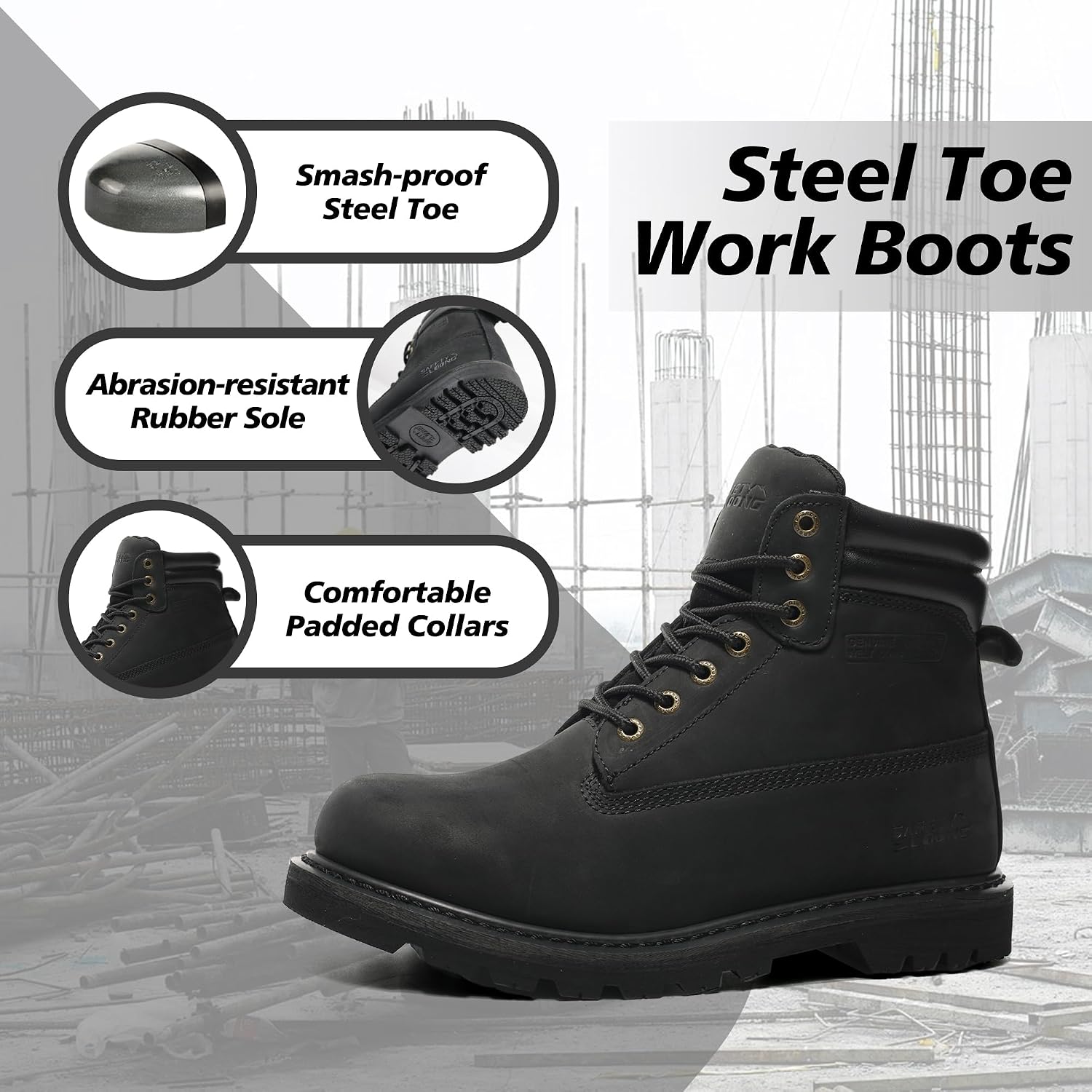 Steel Toe Work Boots for Men, 6-Inch Non Slip Comfortable Leather Waterproof Industrial Construction Safety Workboots