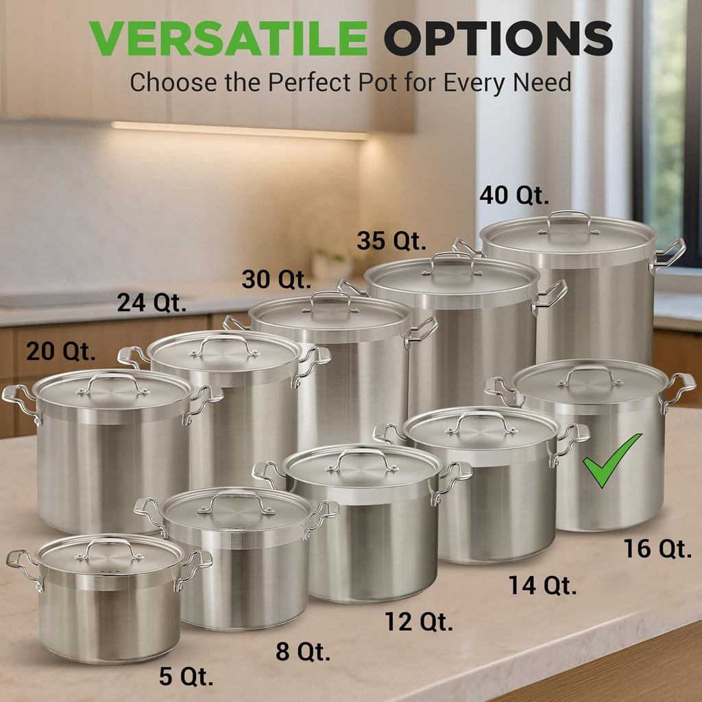 16-Quart Stainless Steel Stockpot - 18/8 Food Grade Heavy Duty Large Stock Pot for Stew, Simmering, Soup, Includes
