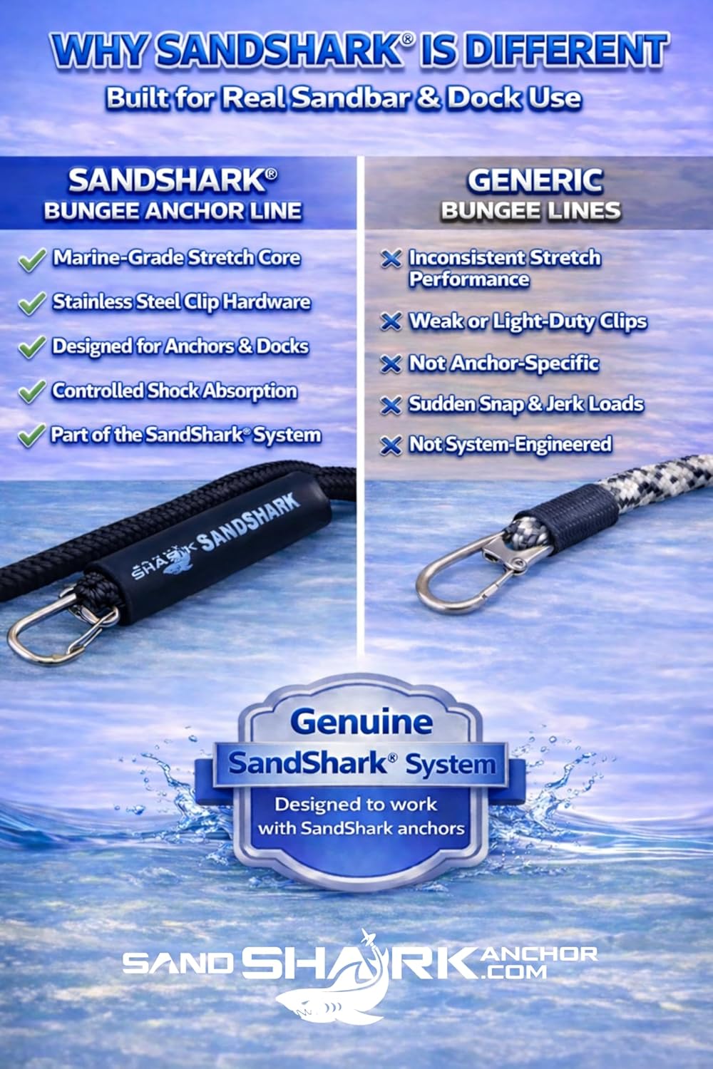 SandShark Premium Anchor Bungee Dock Line. Boat Accessories Anchor Line Absorbs Shock to Anchors and Docks