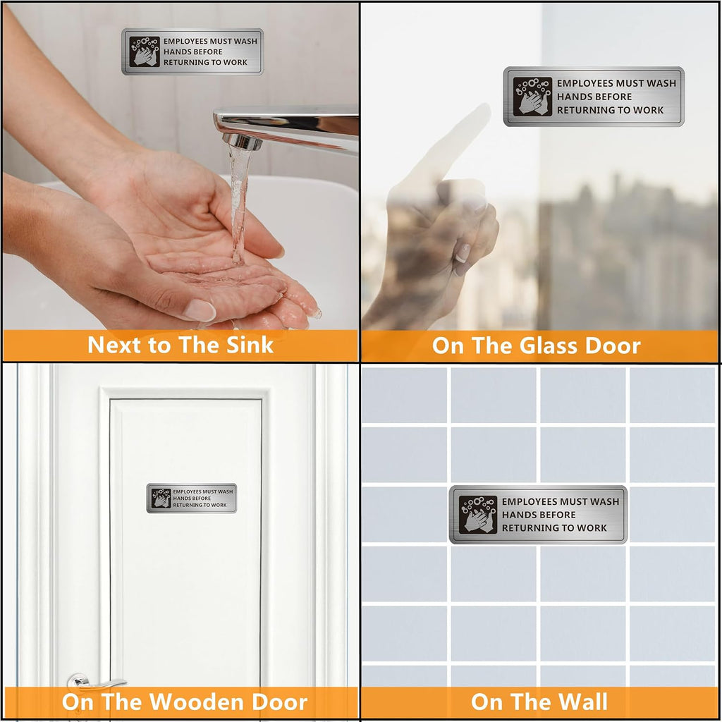 Employees Must Wash Hands Sign, (2 Pack) Self-adhesive Metal Signage for Office Bathroom, 9 x 3 Inch Waterproof