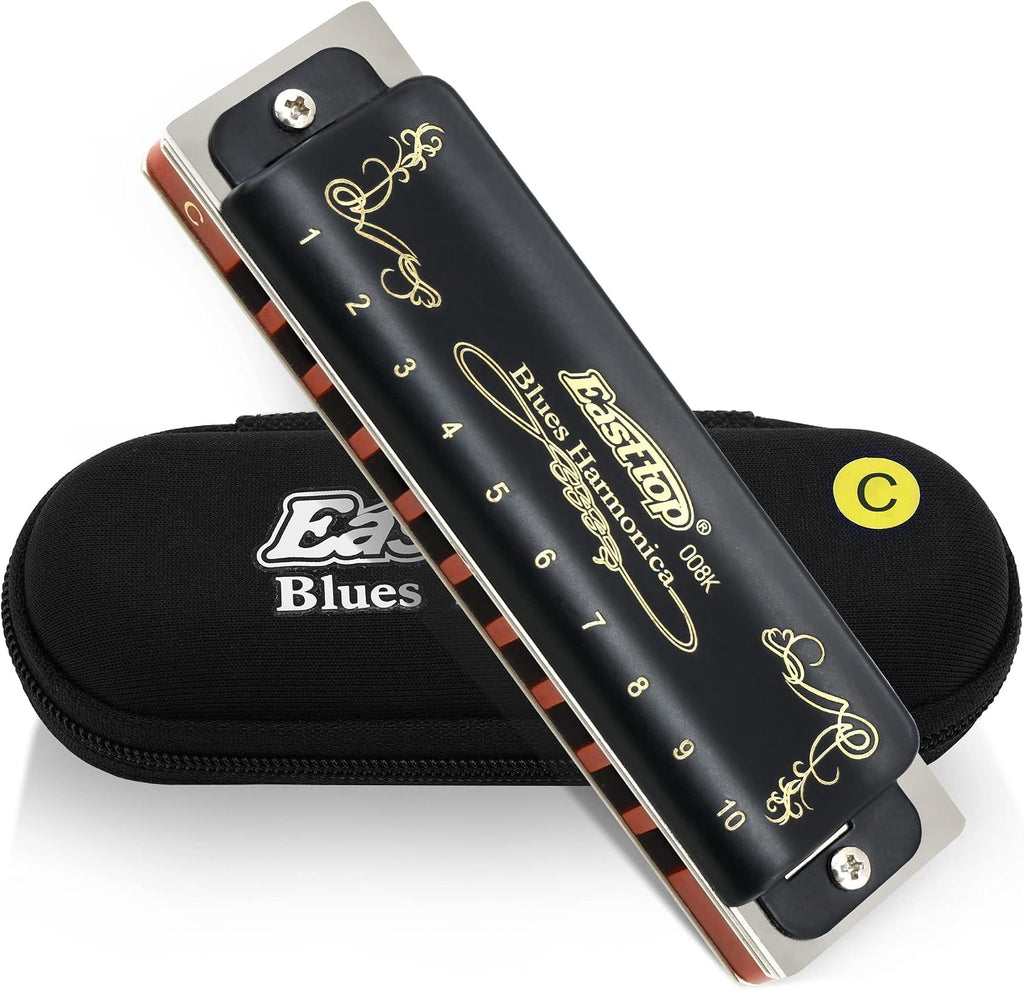 Harmonica Key of C 10 Holes 20 Tones 008K Mouth Organ with Black Cover, Top Grade Harmonica for Adults, Professionals