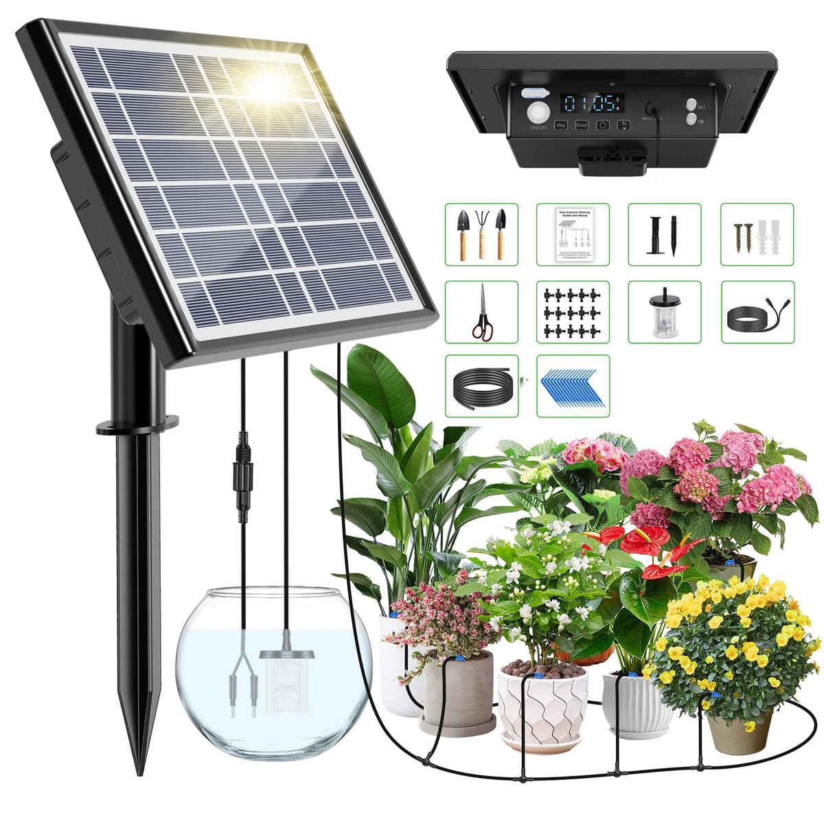 49FT Solar Drip Irrigation Kit, Digital Screen for 15 Pots
