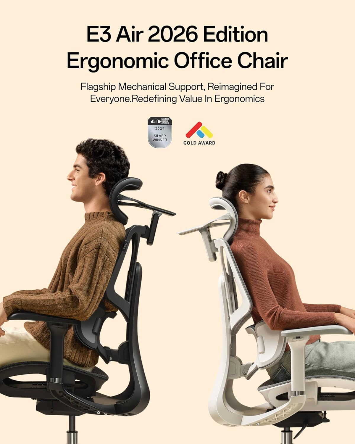 E3 Air 2026 Ergonomic Office Chair, 3-Zone Lumbar Support, Comfy Home Office Chair with Auto Recline, 4D Headrest &