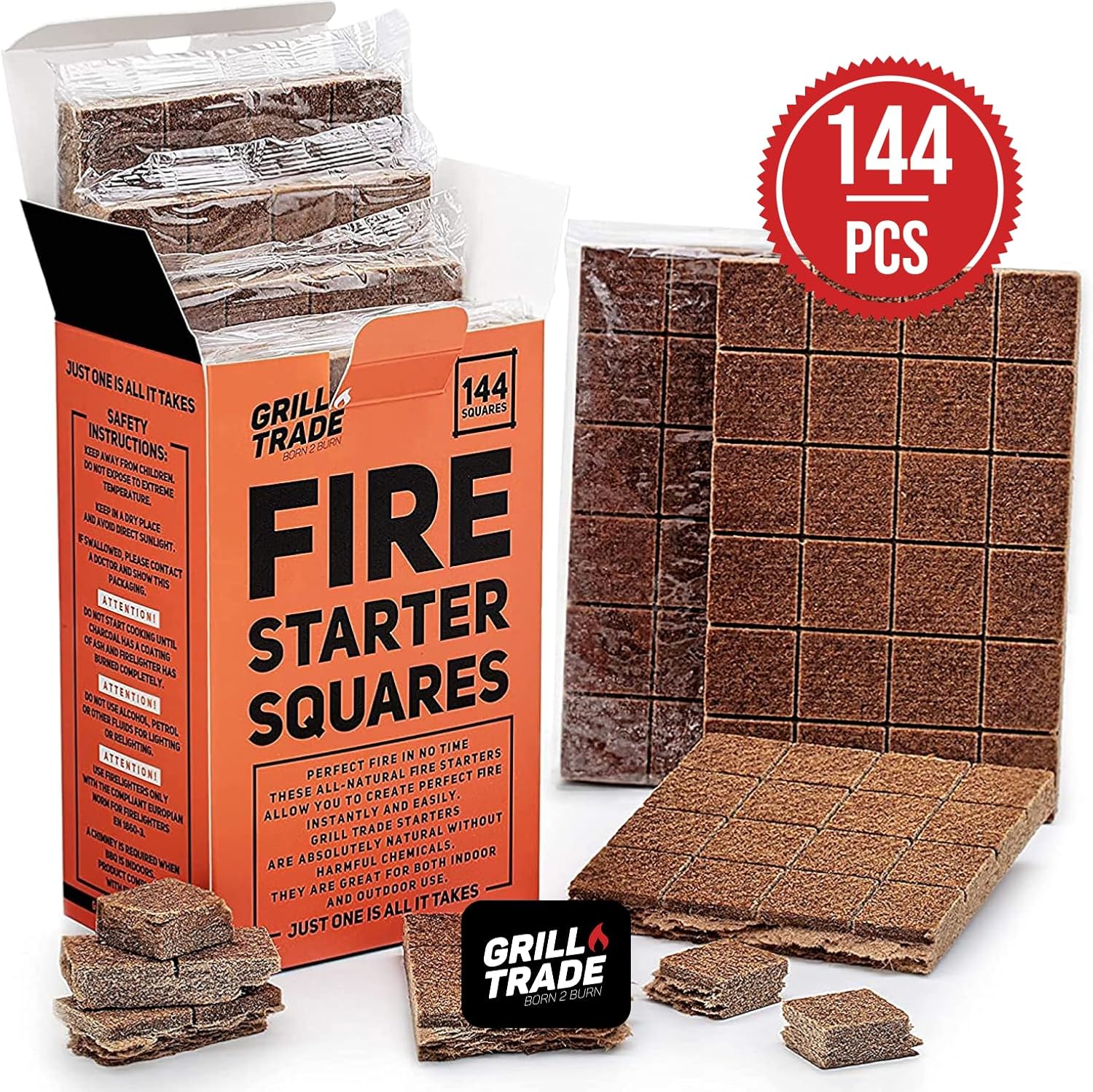 Fire Starter Squares 144, Easy Burn Your BBQ Grill, Camping Fire, Wood Stove, Smoker Pellets, Lump Charcoal
