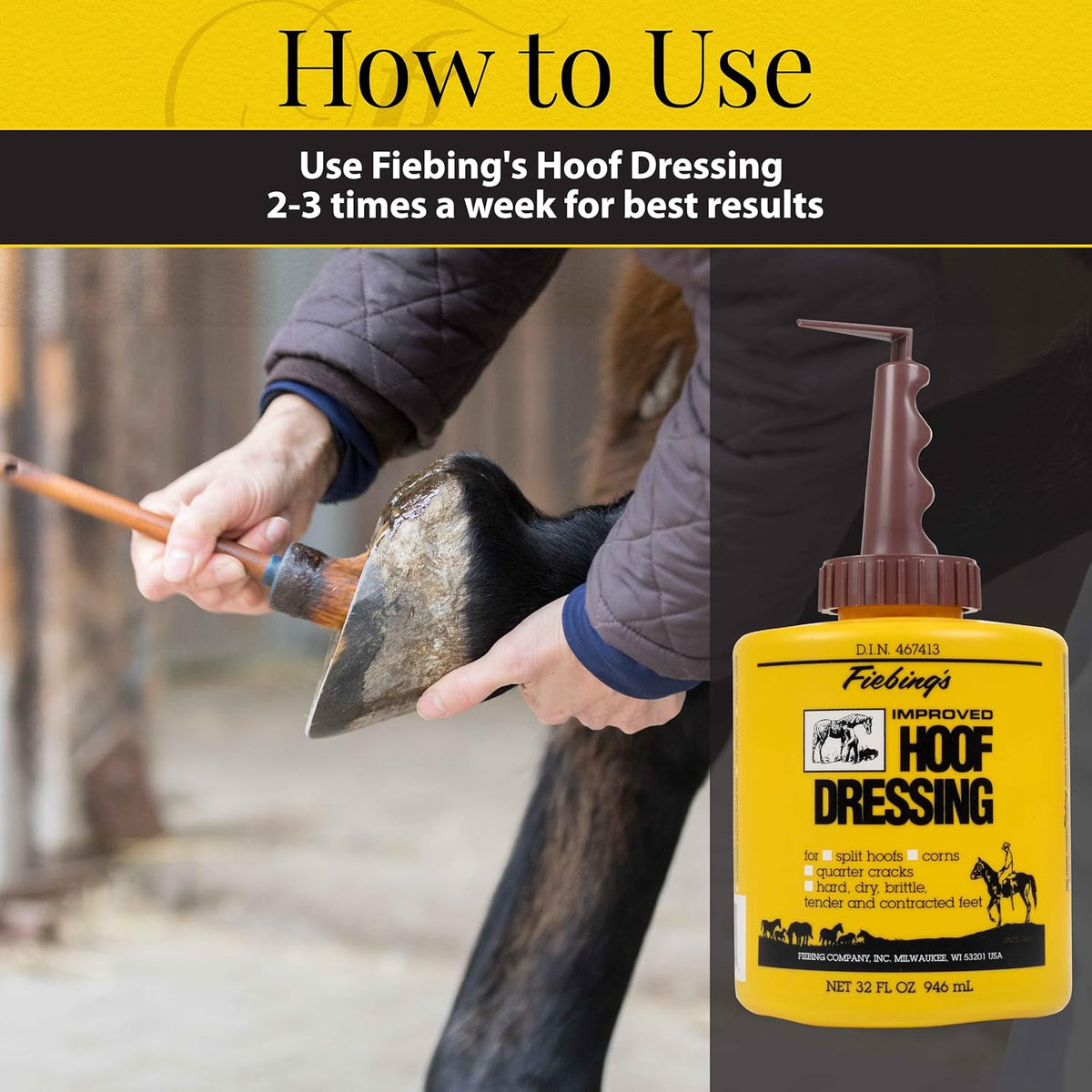 Hoof Oil for Horses with Mineral Oil (32 oz) - Hoof Dressing with Applicator Brush to Condition Dry, Split Hooves &