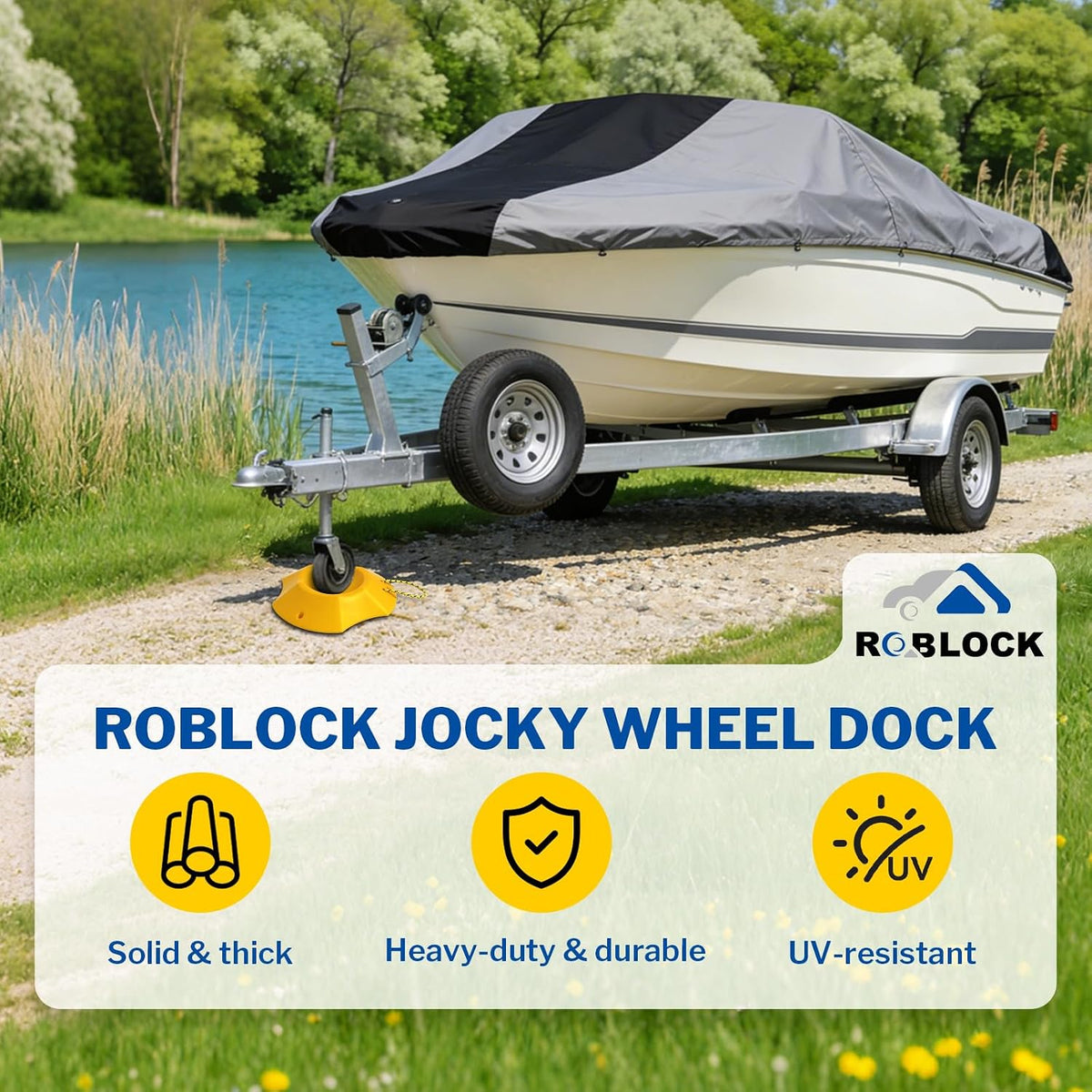 Trailer Wheel Dock with Rope, Tongue Jack Wheel Chock Compatible with 6" & 8" Single/Dual Wheels, Trailer Wheel Stop