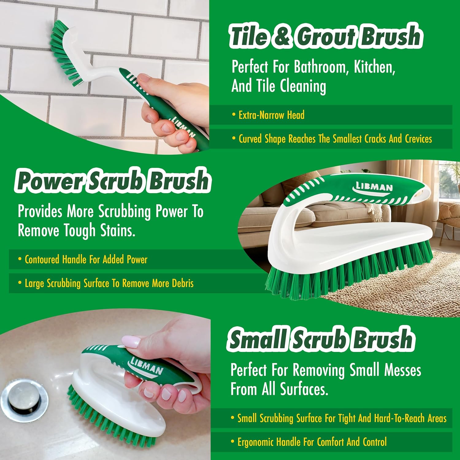 Libman Scrub Brush Kit | Cleaning Brush | Tile & Grout Brush | Small Scrub Brush | Power Scrub Brush | Carpet Brush |