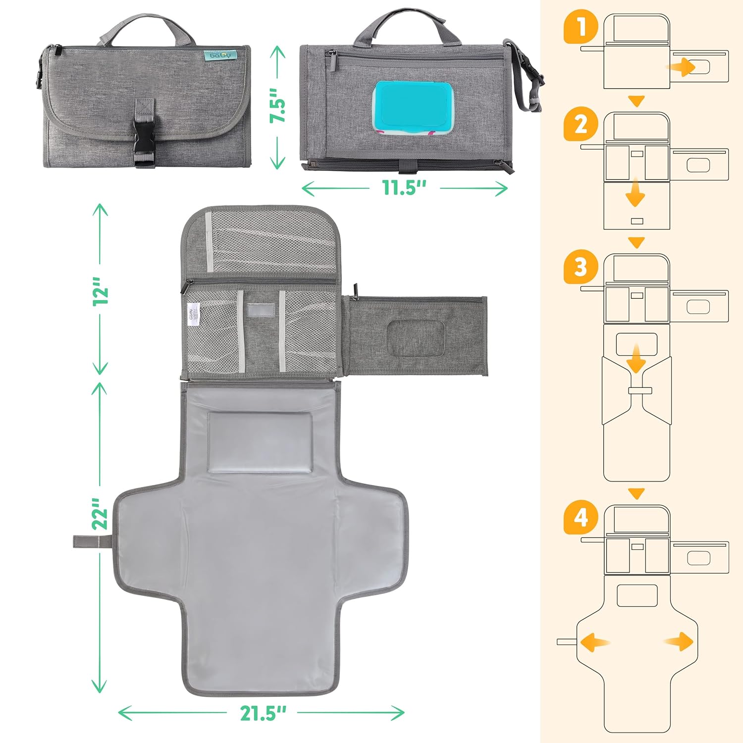 Portable Diaper Changing Pad - Baby Diaper Changer Travel Bag with Wipes Pocket, Smart Design Portable Changing Mat