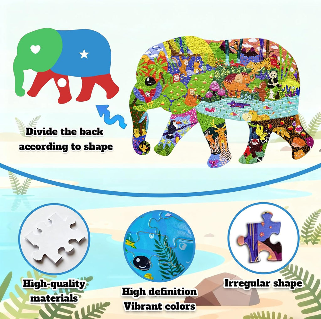 Irregular Animal Puzzles for Kids Ages 4-6 6-8 8-10 10-12 Year Old,Elephant Puzzle 200 Pieces Enlightening Floor