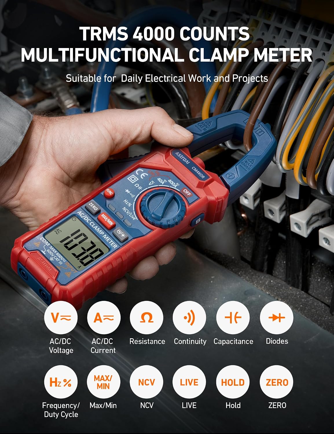 AstroAI Digital Clamp Meter Multimeter 4000 Counts Auto-ranging Amp Tester Measuring AC/DC Voltage & Current, Resistance, Capacitance, Frequency, Continuity, Live Wire Test, NCV Detection, Blue