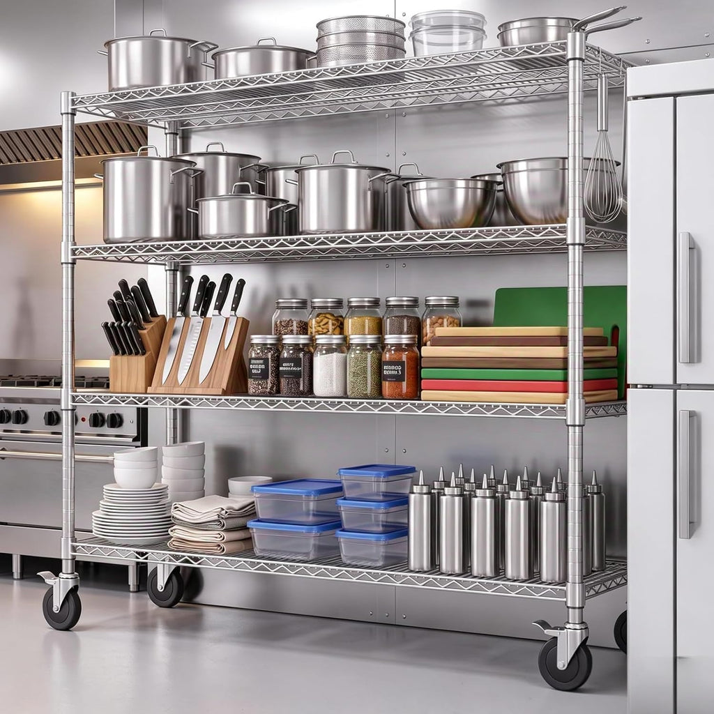 NSF Adjustable Lockable Wire Shelving Rack with Wheels, 4-Tier, 47" W