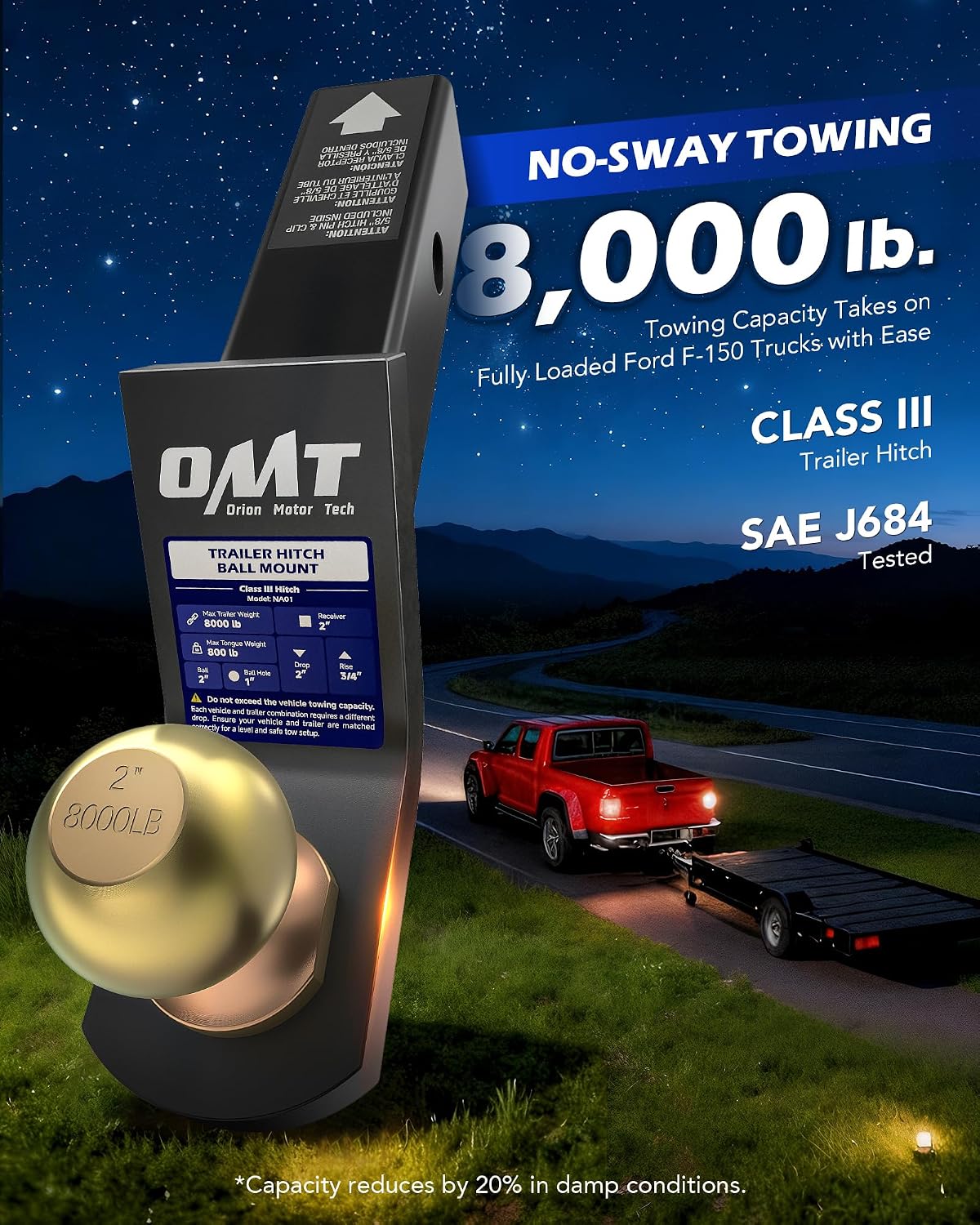 OMT Trailer Hitch Ball Mount, 2" Receiver, 2" Drop, 8000 lb Capacity