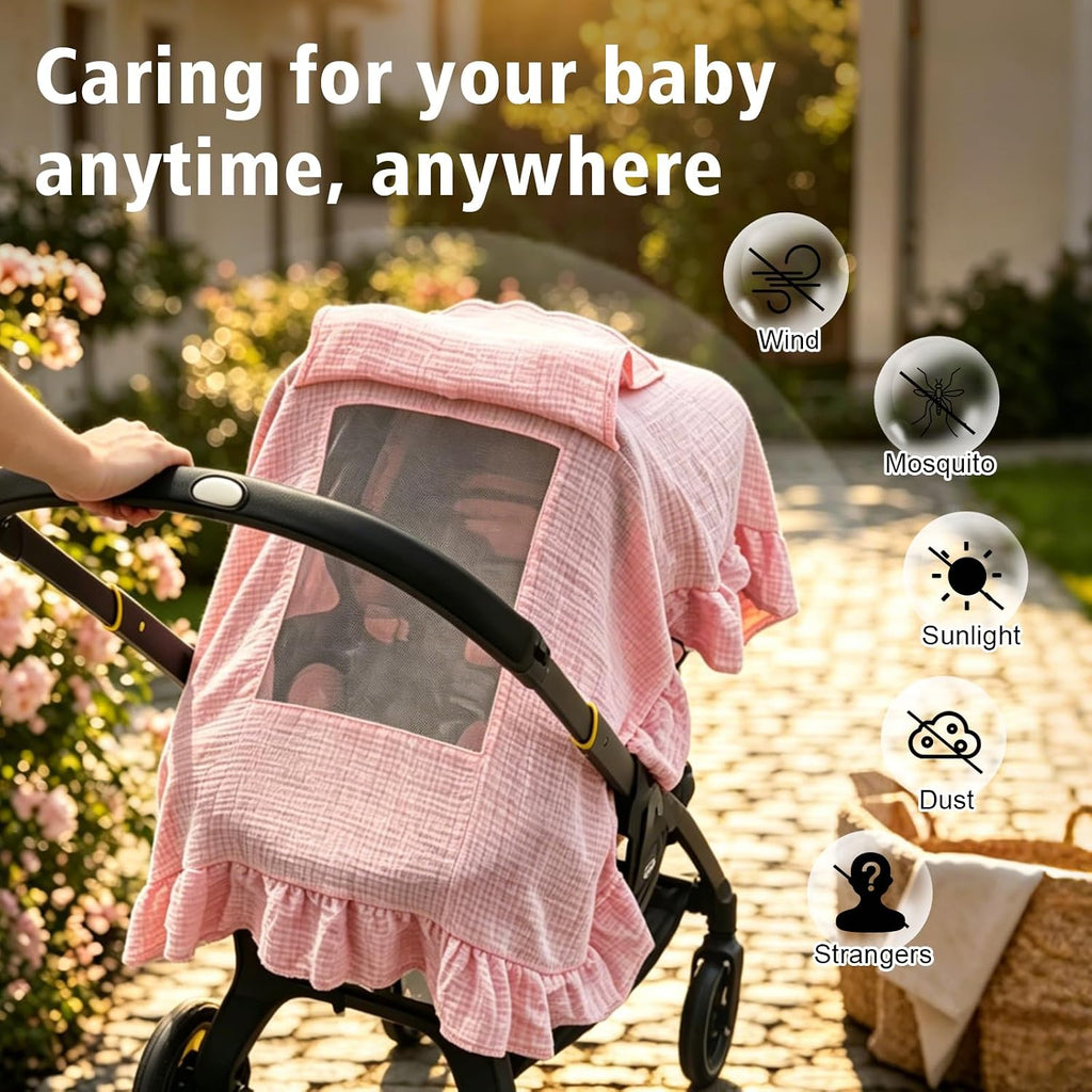 Car Seat Cover Baby Girls, Muslin Infant Car Seat Cover with Detachable Bow, Handmade Baby Carrier Cover with Mesh