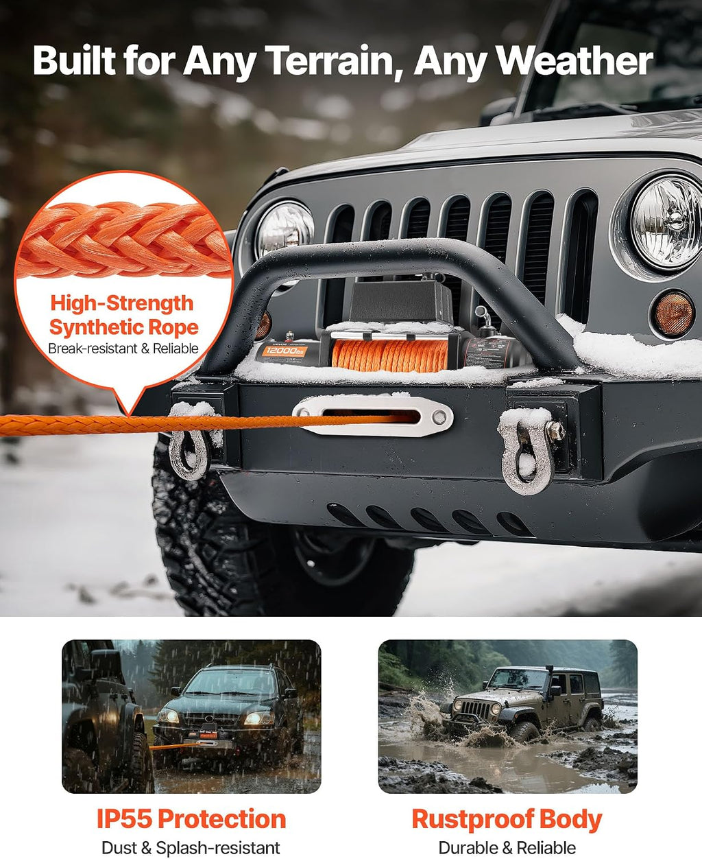 Electric Winch, 12000 lbs Load Capacity, 12V DC Truck Winch with Φ0.36 in x 75.5 ft Synthetic Rope, Wireless & Wired
