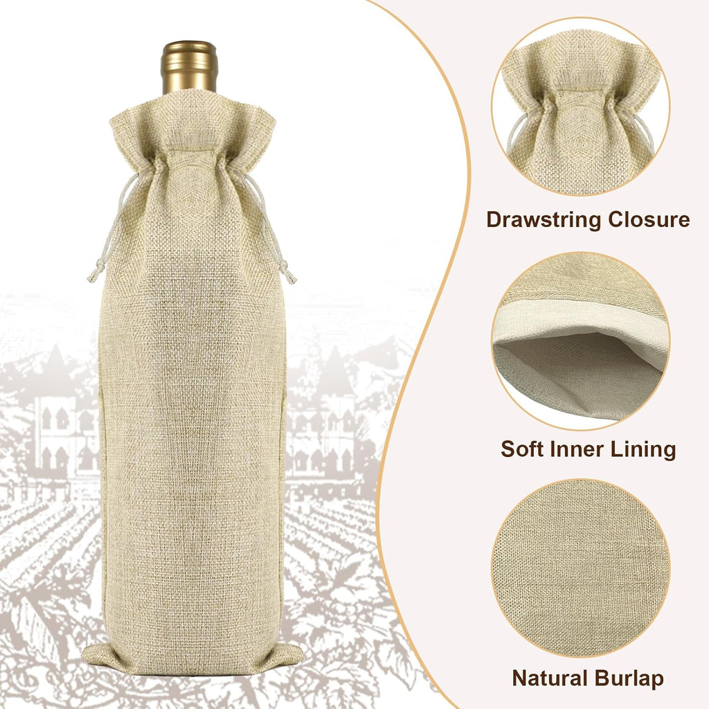 10 Pack Burlap Wine Gift Bags with Drawstring Fit 750ml, Natural