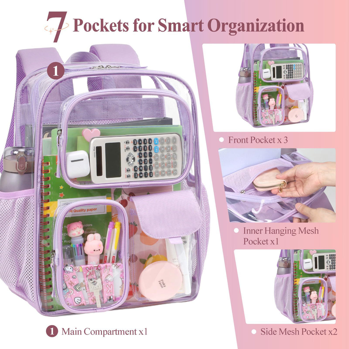 Clear Backpack for School - 17 inch Heavy Duty Bookbag, Purple