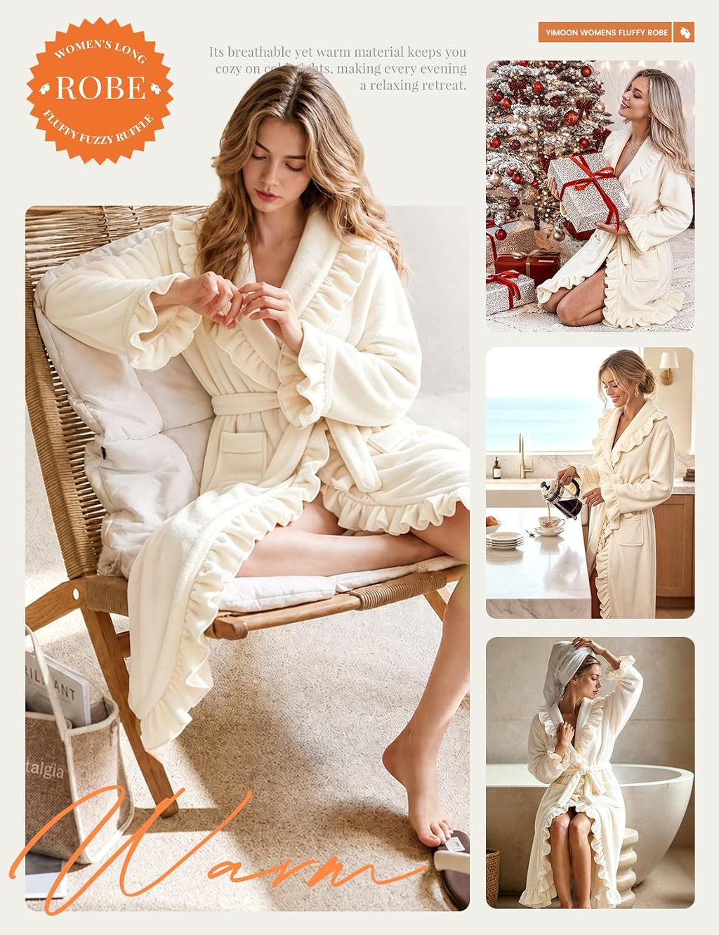 Womens Fluffy Robe Ruffle Fuzzy Warm Long Bathrobes