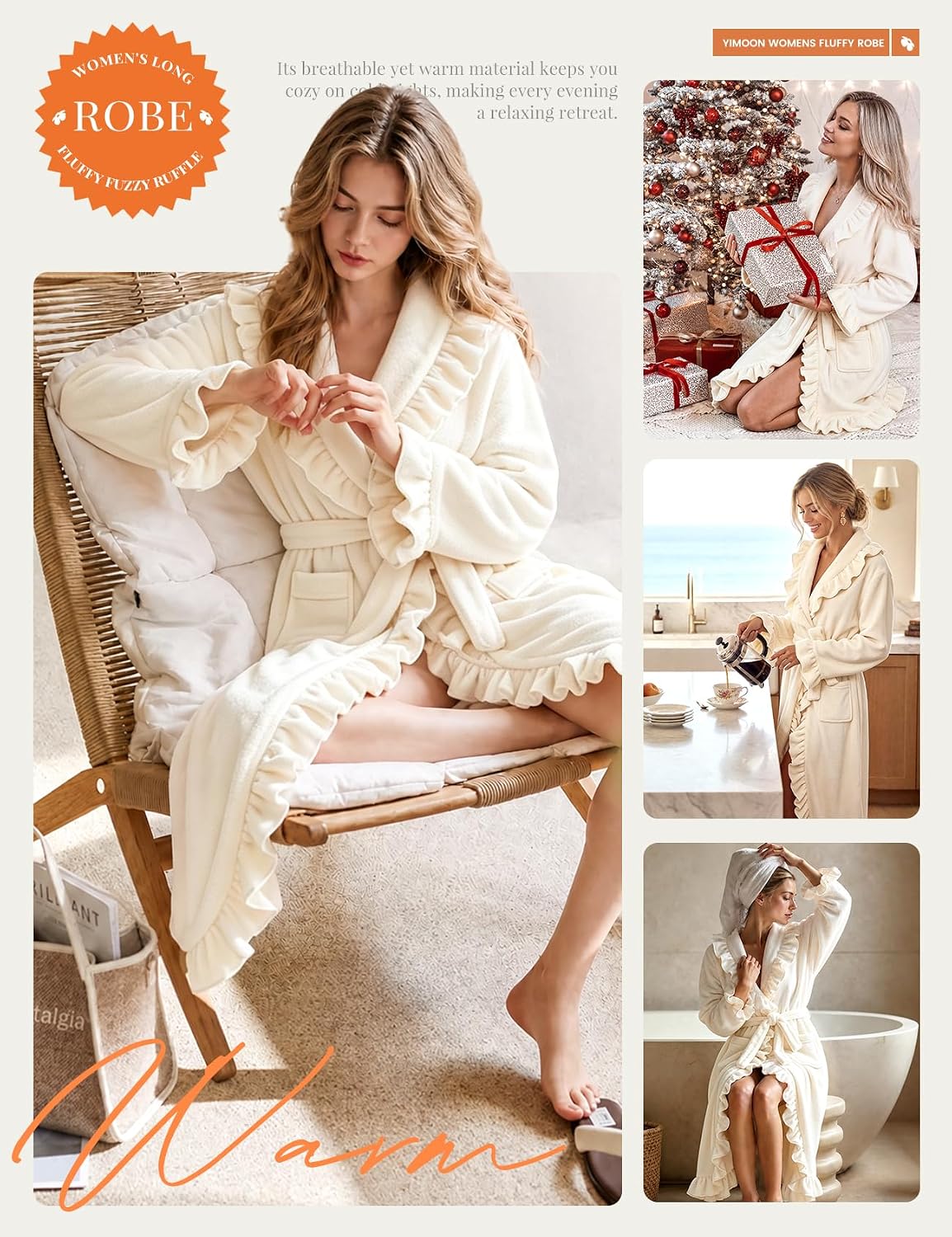 Womens Fluffy Robe Ruffle Fuzzy Warm Long Bathrobes