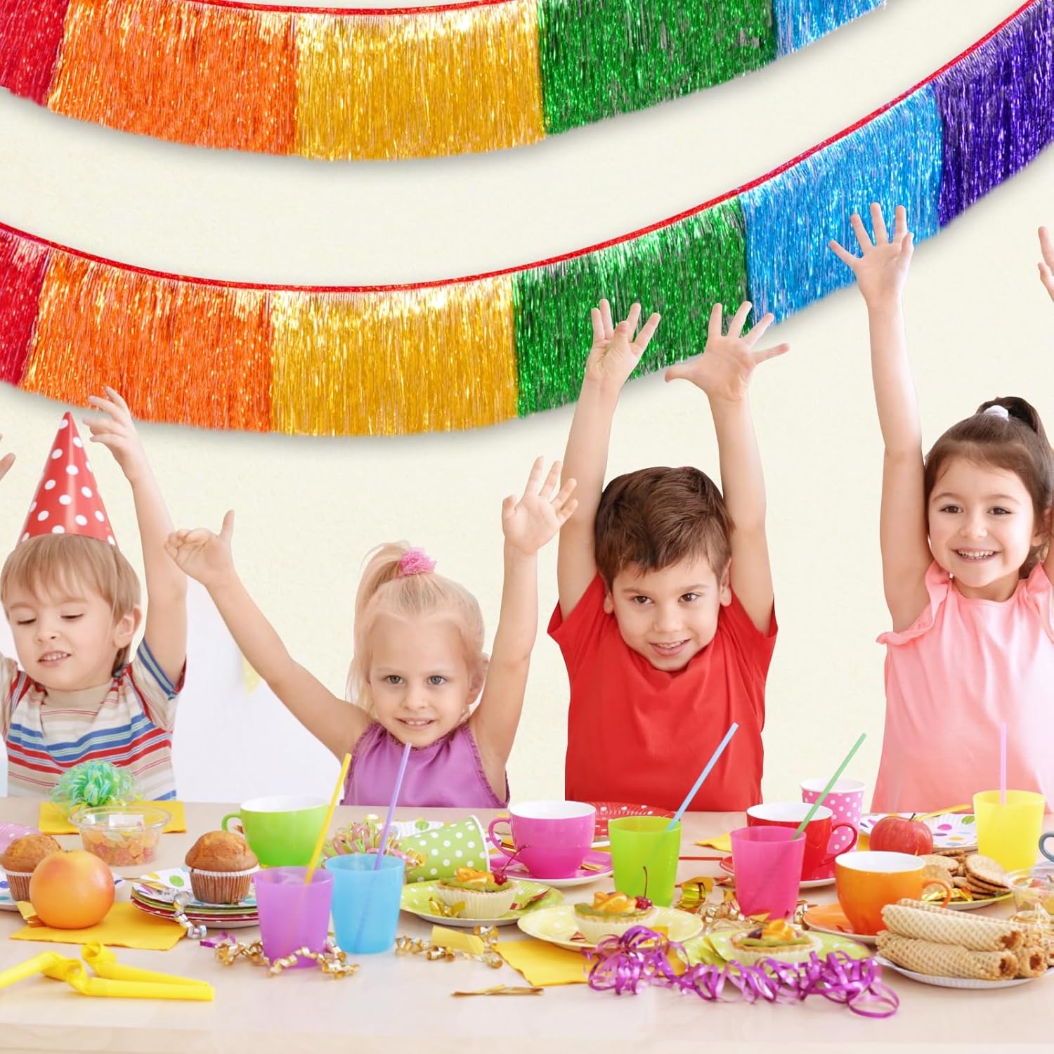 Rainbow Foil Fringe Garland Party Decorations, 12 Feet Rainbow Tinsel Metallic Glitter Banner, Hanging Table Skirts