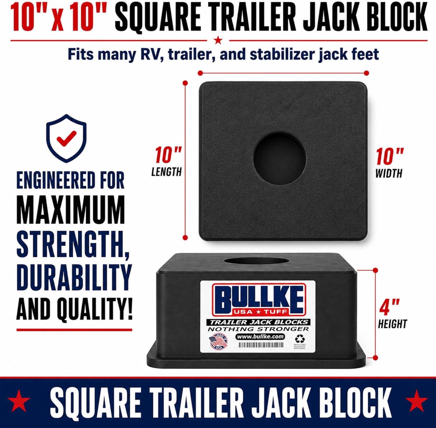 Square Trailer Jack Blocks 4-Pack, USA-Made Heavy Duty RV Leveling Blocks, Stabilizing Jack Pads for Camper, 5th